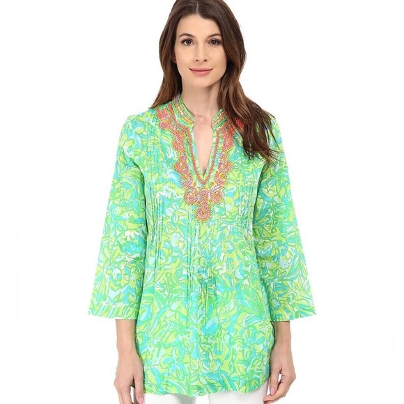 Lilly Pulitzer Sarasota Beaded Tunic Fresh Citrus Aqua Blue Lime Green size S - Picture 1 of 9